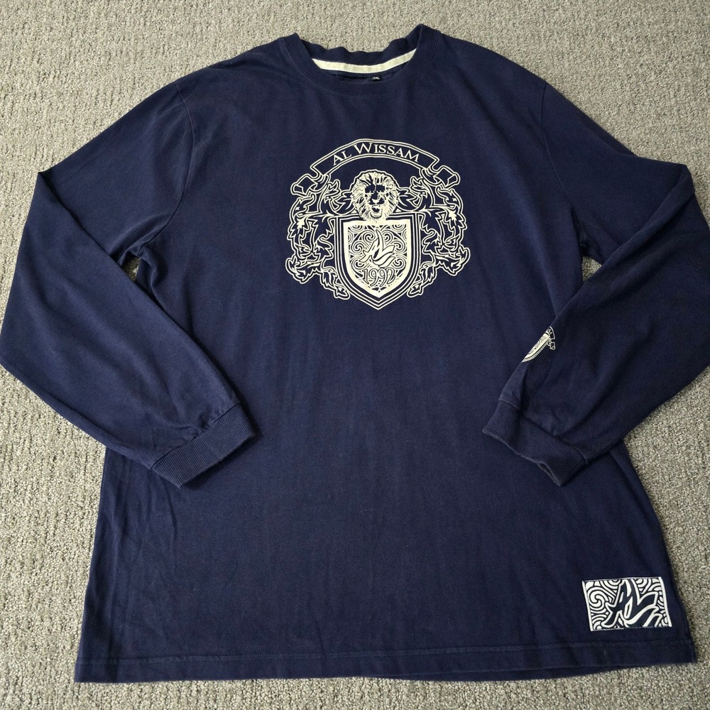 Al Wissam Mens Blue Graphic Crest Long Sleeve T Shirt Y2K Hip Hop Streetwear 2XL